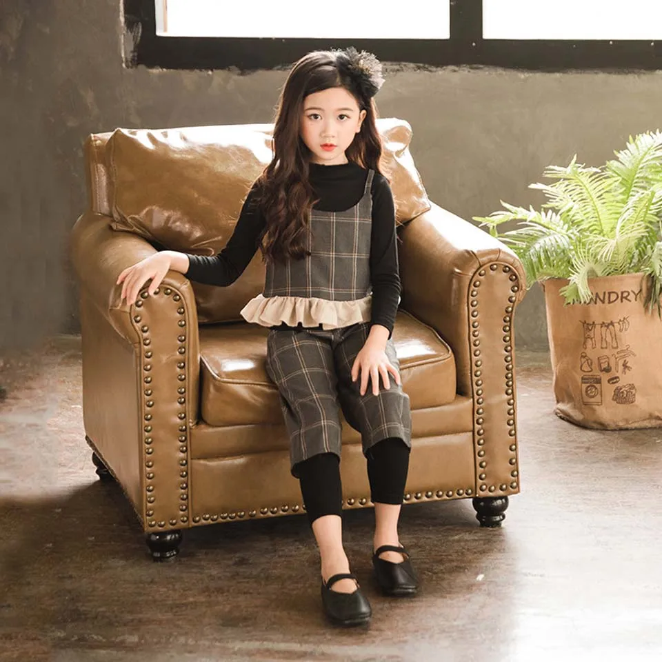 

4-13 Years Baby Girls Clothes Set 3 PCs Long Sleeve Plaid Tops+Pants Kids Clothes Children Clothing Set Teenage Girls Clothing