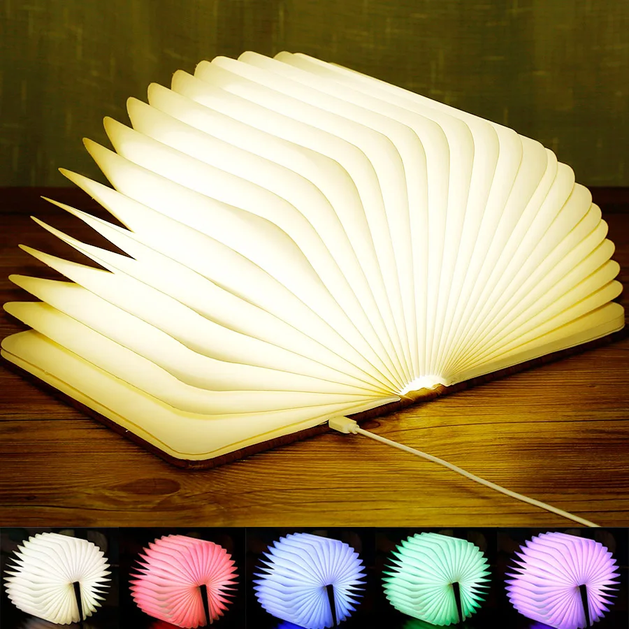 

USB 5V Rechargeable LED Folding Light Book Shape Night Lamp Wooden Magnet Cover Home Table Desk Cool Warm White Light 1PCS