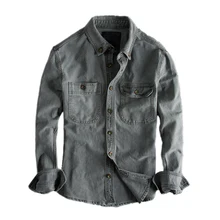 Японская рубашка Харадзюку в винтажном стиле с длинными рукавами для мужчин, уличная одежда для мальчиков в городском стиле, в краску, Ретро стиль, джинсовые рубашки размера плюс S-XXL
