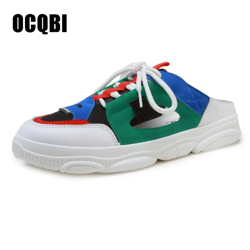 

Spring Fashion Ladies Canvas Shoes Half Slipper New Arrival Lace Up Lazy Vulcanize Shoes Mixed Color Flat With Women Sneakers