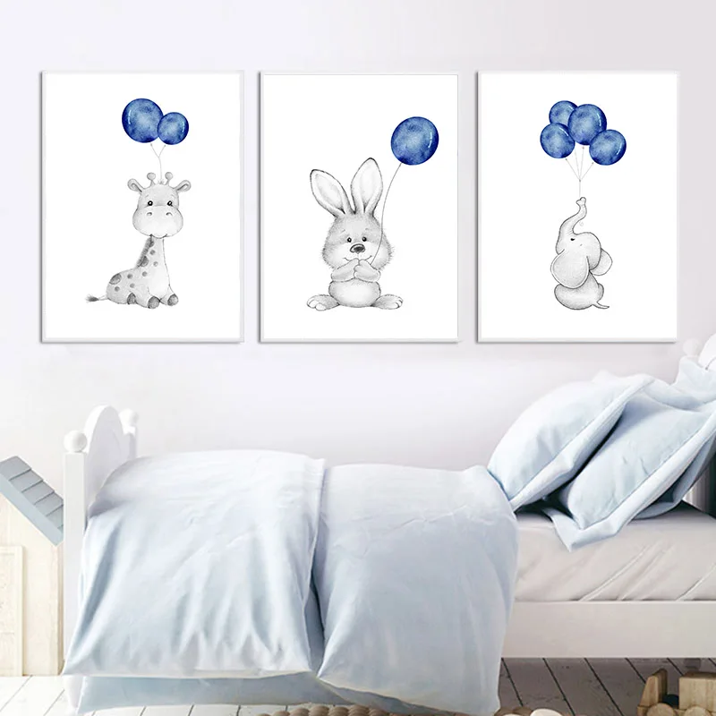 Animal Balloon Picture Baby Nursery Wall Art Canvas Child Poster Bunny Elephant Print Painting Nordic Kid Bedroom Decoration