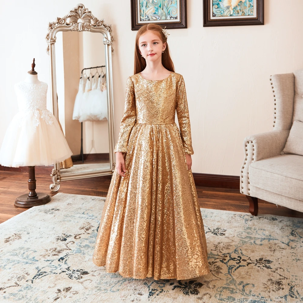 Великолепное платье с цветочным узором для девочек, расшитое золотыми блестками; детское платье трапециевидной формы с длинными рукавами и круглым вырезом; платье в пол для свадебной вечеринки; платье принцессы