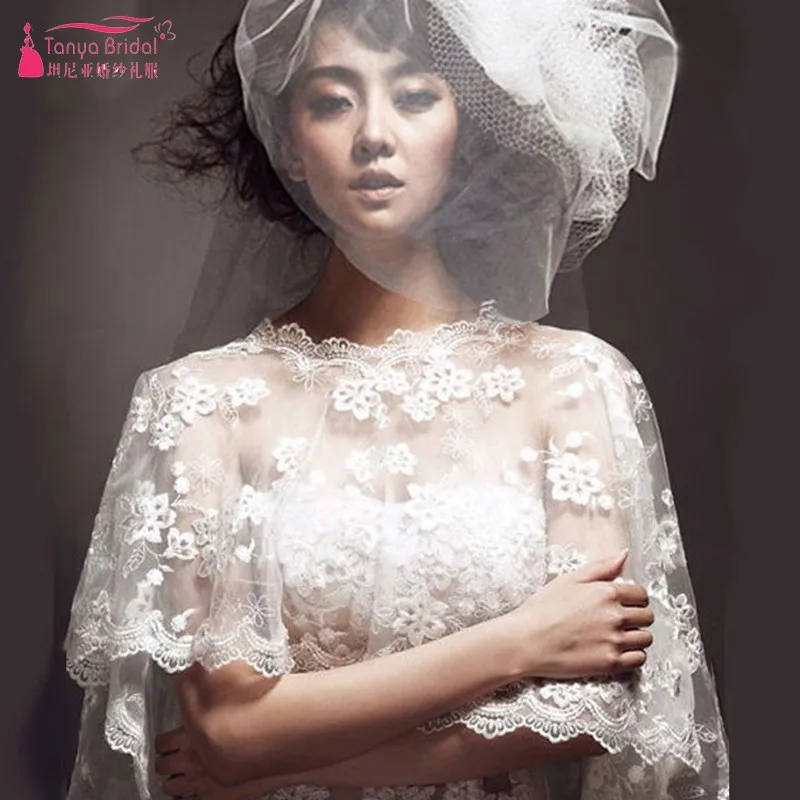 

Short Front Long Back Bridal shawl Wedding dress accessories Romantic Bridal Wrap Lace Flowers Bolero Hi Lo DQG285