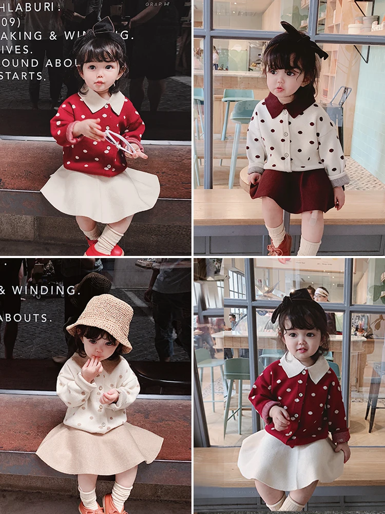 

Spring 2019 Kids Children Suits Clothing Single Breasted Knitted Baby Dot Pattern Sweater + Pure Color Baby Girls A Line Skirt