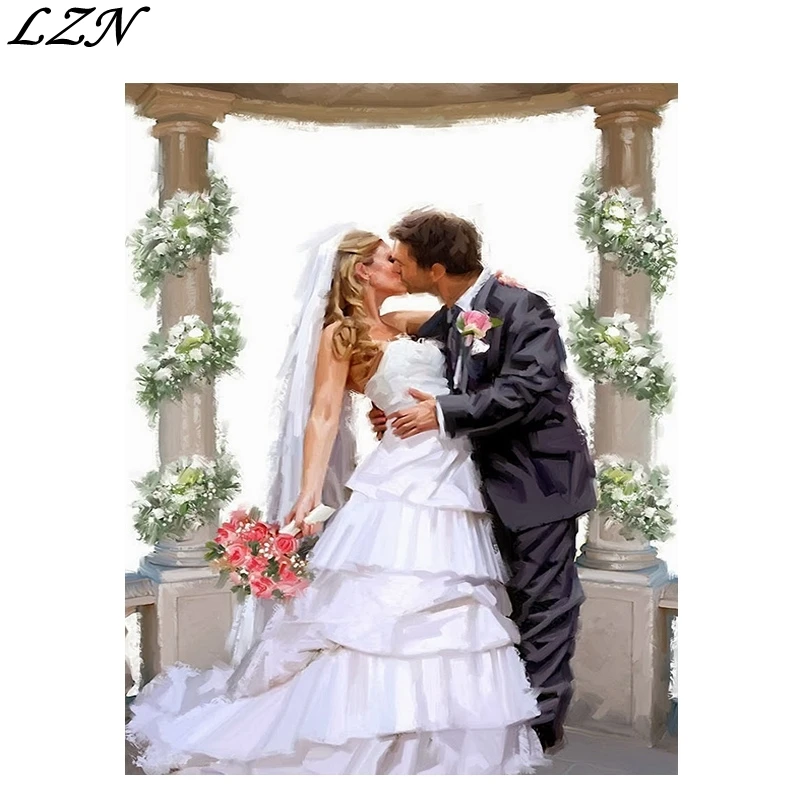 LZN Framed Romantic Kiss Lover DIY Painting By Numbers Landscape