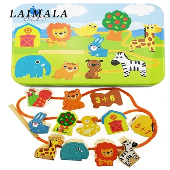 

Cartoon Animal Vegetable Wooden Toys Kids Stringing Threading Beads Toy Baby Children Educational DIY 3D Puzzle Toys