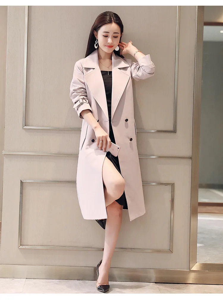 

2019 Spring New brand Women Fashion Windbreaker Trench Coat Solid Color Double-Breasted High Quality Long Coat Female F143