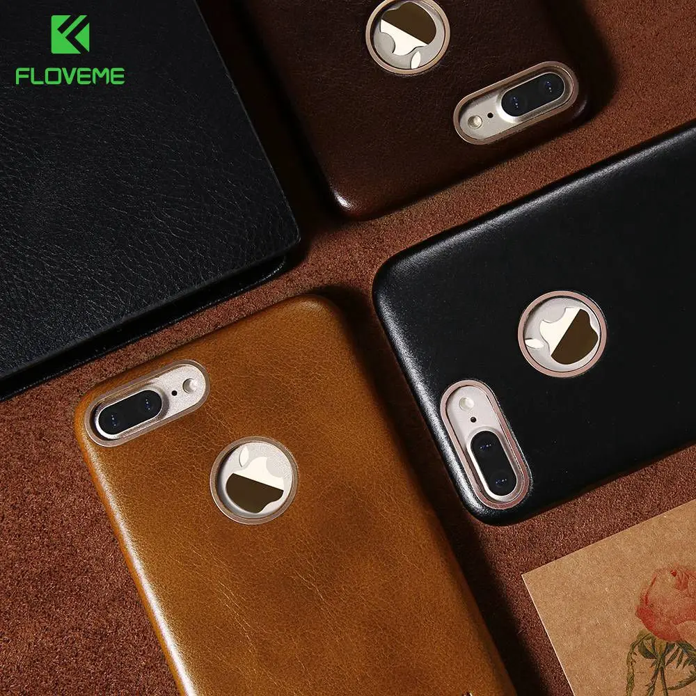 

FLOVEME Retro Genuine Leather For iPhone 7 6 6s Plus Case With Metal Logo Holes Protective Cover For iPhone 7 6 6S Plus Shells