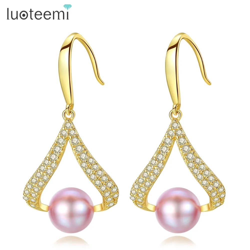 

LUOTEEMI Brand Elegant Authentic 925 Sterling Silver Nature Pearl Dangle Earrings For Women Clear CZ Crystal Drop Earring Bijoux
