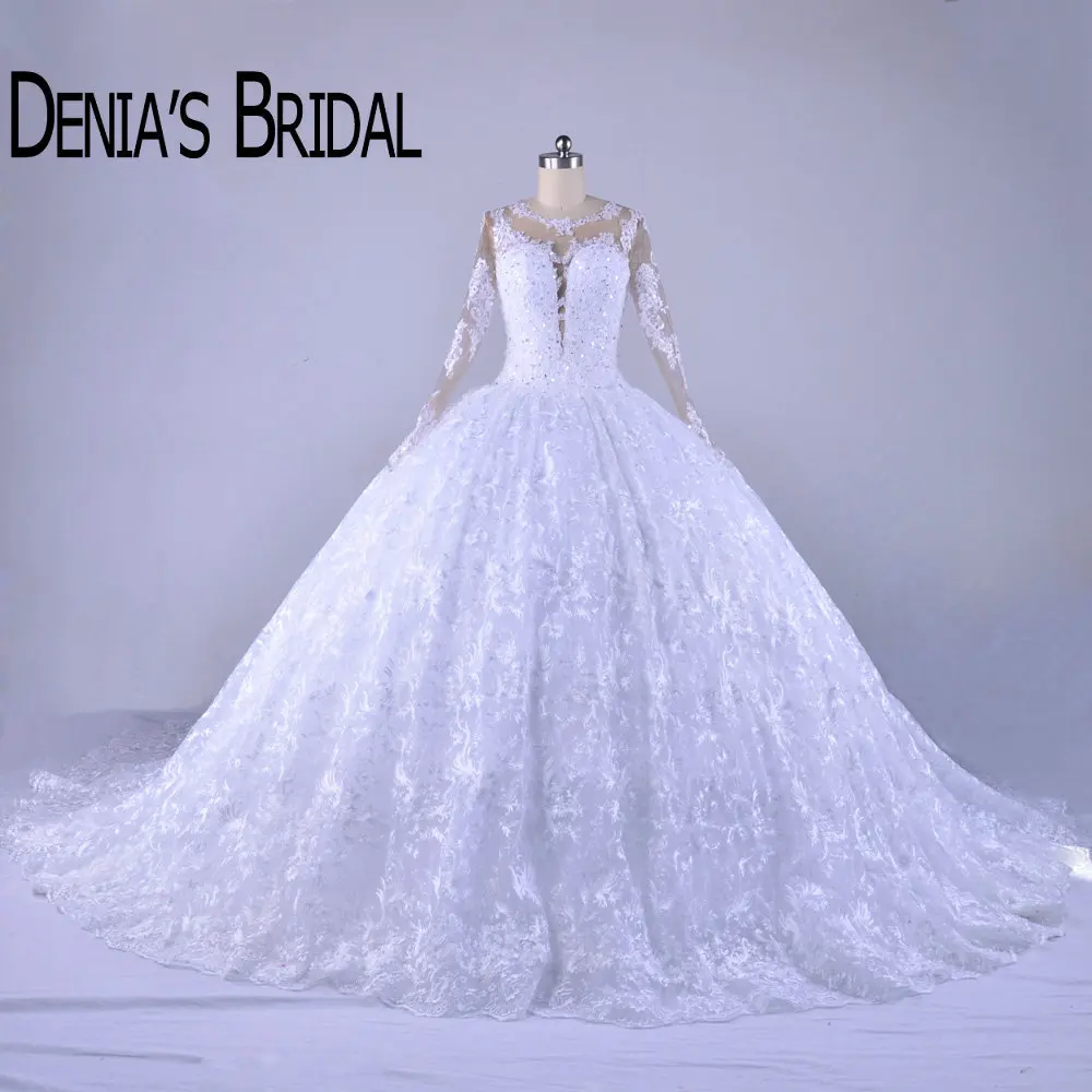 Puffy Long Sleeve Lace Wedding Dresses Sheer Crew Neck Applique
