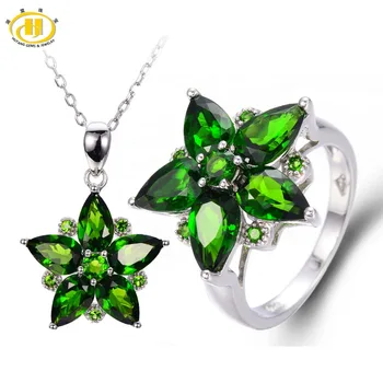 

Hutang Natural Chrome Diopside Solid 925 Sterling Silver Bridal Jewelry Sets Rings & Pendant Women's Gemstone Jewelry Gift