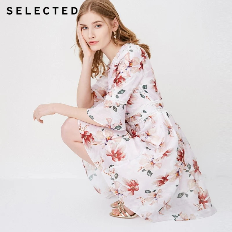 

SELECTED new women's chiffon printing V-neck business casual dress S|41822J520