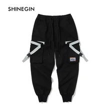 SHINEGIN Side Eye-splice Tape Hip Hop Sweat Pants Multi Pockets Trousers Sweatpants Streetwear Men Joggers Track Cargo Pants