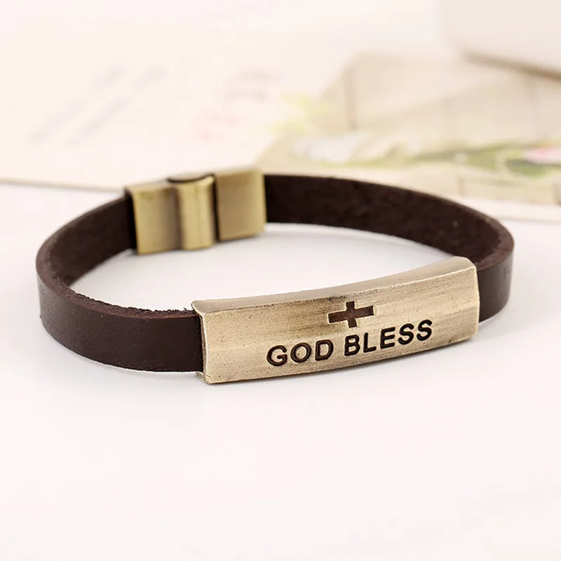 Vintage Biker Bracelet Leather Gold Tone Clasp Religious God