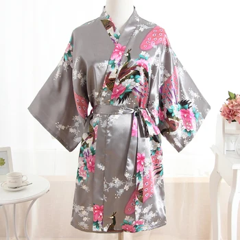

Women Satin Short Nightgown Kimono Robe New Gray Bathrobe Floral Pajamas Wedding Bride Bridesmaid Sexy Dress Gown Plus Size