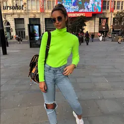 Ursohot 2018 Новый длинным рукавом Водолазка трикотажная флуоресцентные зеленые свитера Для женщин пуловеры Джемперы Повседневное ребристые