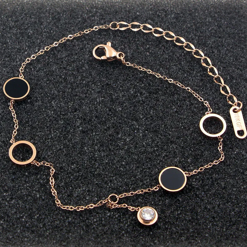 

New Design 2 Circles 2 Enamel Circle Middle Zircon Anklets Top Quality Titanium Steel Rose Gold Color Woman Jewelry Gift