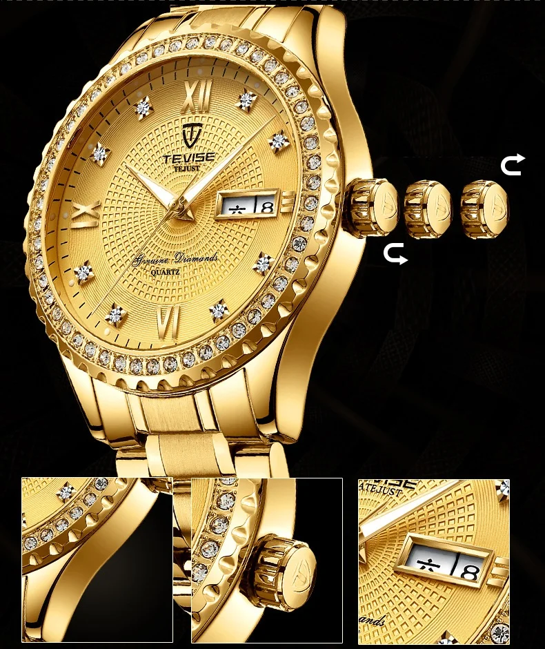 TEVISE T807S Quartz Watch Men Rhinestones Date Week Mens Watch Waterproof Luminous Business Casual horloges mannen drop shipping (2)
