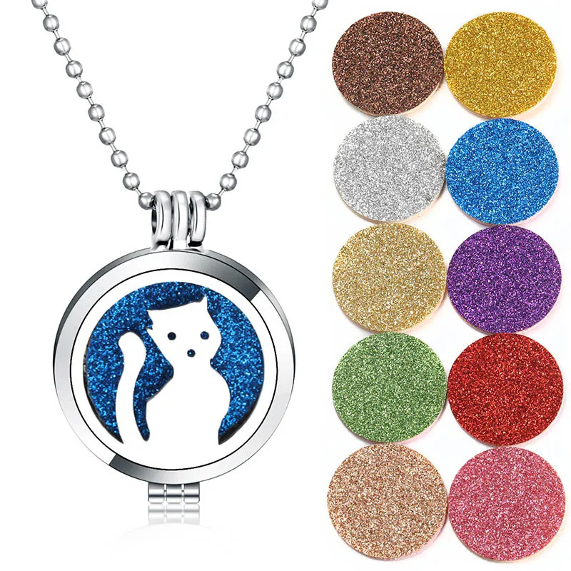 

Aromatherapy Cute Cat Pattern Necklace Round 35MM Silver Essential Oil Diffuser Retro Necklace Perfume Locket Pendant Jewelry