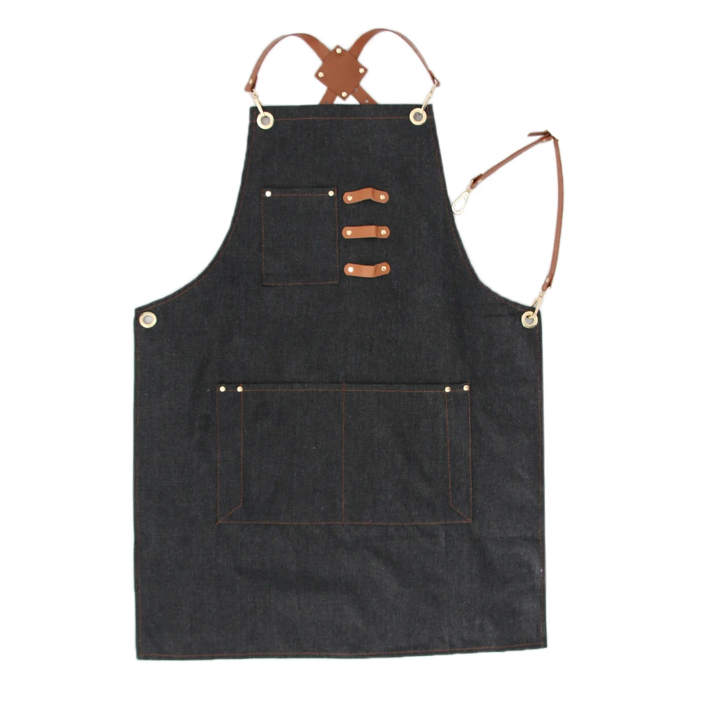 Ladies Men Leather Strap Denim Bib Apron BBQ Florist Baker Bartender Barista Chef Work Uniform