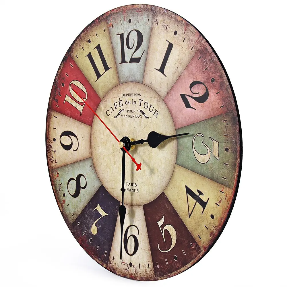 French Country Tuscan Style Paris Creative Wooden Wall Clock Original Decorative Wall Clock Round Vintage Wall Clock Colourful