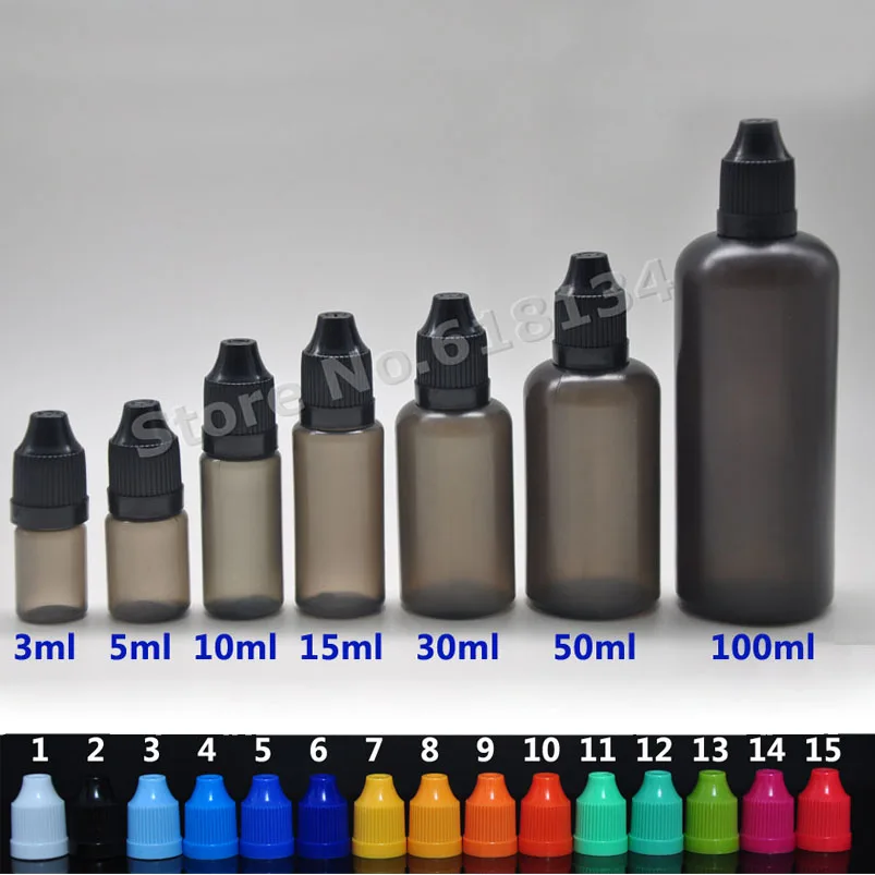 

50pcs 3ml 5ml 10ml 15ml 30ml 50ml 100ml black plastic squeezed e juice liquid dropper bottle with childproof cap