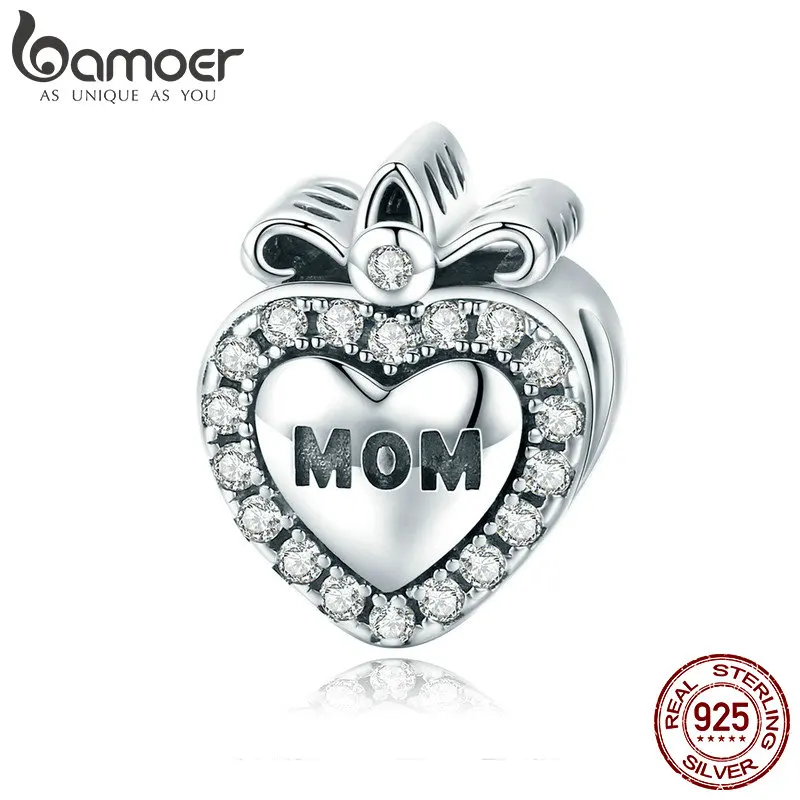 

BAMOER 100% 925 Sterling Silver Mother Gift for Mom Heart CZ Charm Beads fit Women Bracelet & Necklaces DIY Jewelry SCC803