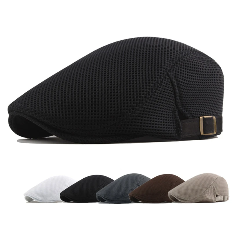 

Cotton Beret Hat Men White Casual Mesh Flat Cap Male Solid Breathable Adjustable Classic Summer Duckbill Caps Fahion