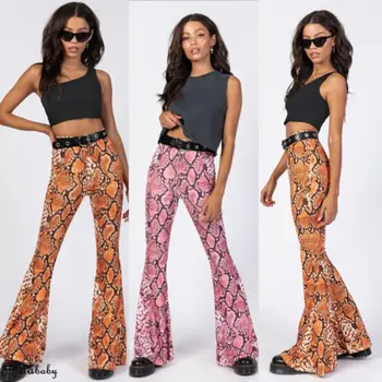 

Womens Wide Leg Long Flares High Waist Trousers Snake Party Pants Bell Bottom UK