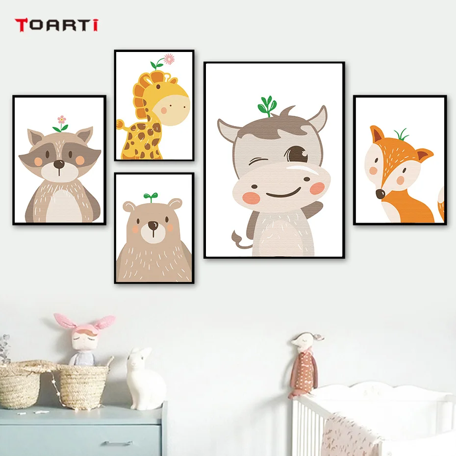 Adorable Woodland Animals Wall Art Canvas Painting Colorful Cartoon Vintage Posters&Prints Nursery Pictures Kids Room Home Decor (1)