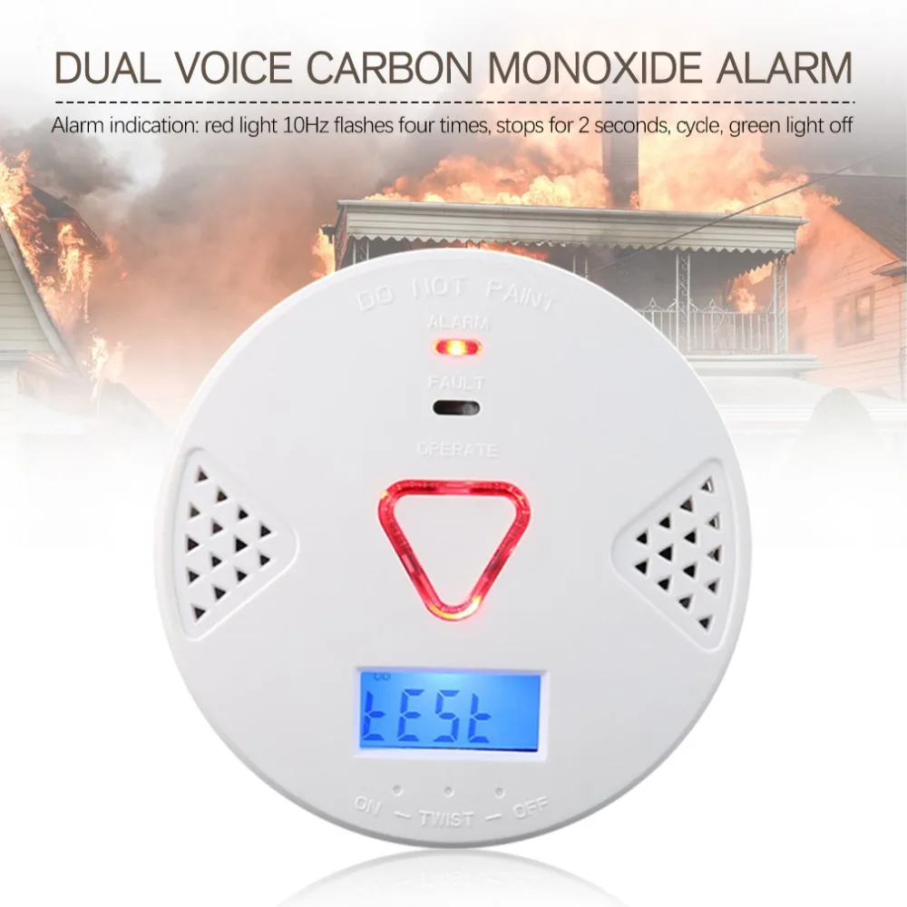 

85dB Carbon Monoxide Alarm Independent Dual Voice LCD CO Sensor Work Alone Poisoning Warning Alarm Detector