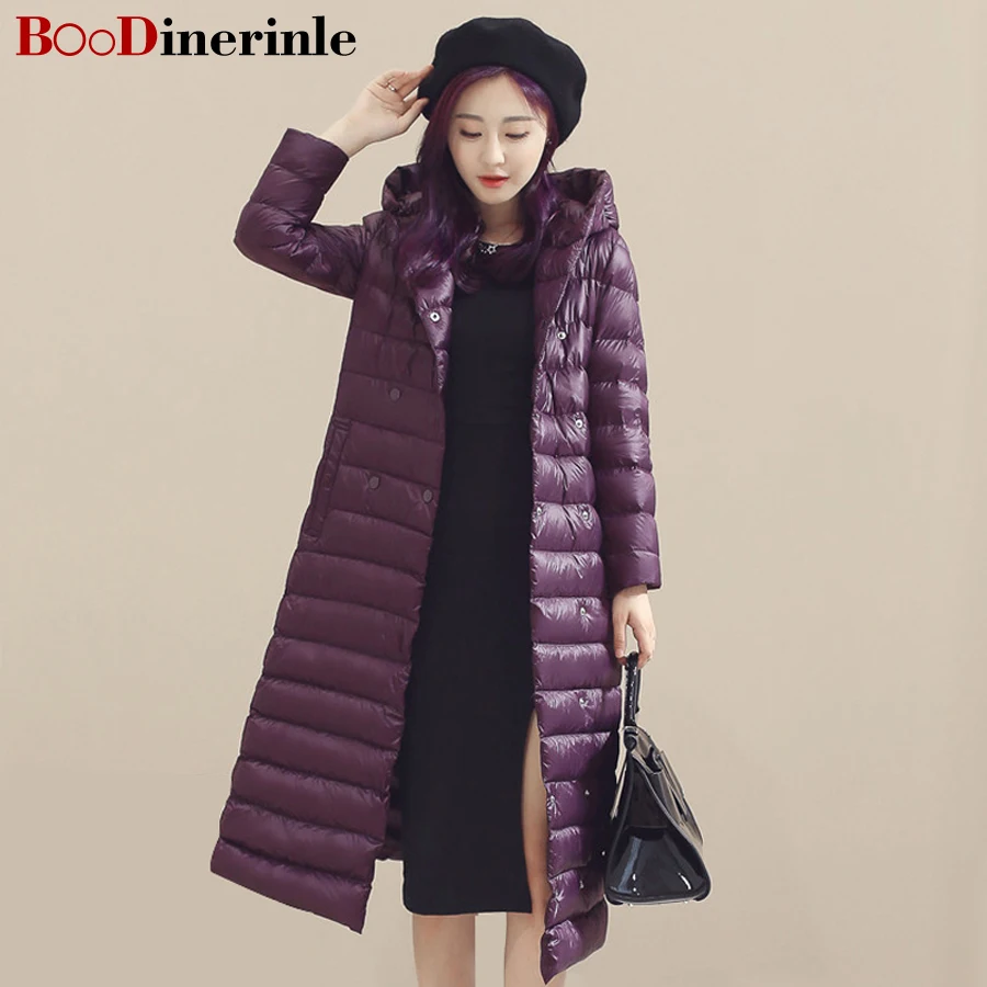 

BOoDinerinle Women Winter Extra Long 90% White Duck Down Jacket Women's Ultra Light Weight Down Coat Female Outerwear YR004