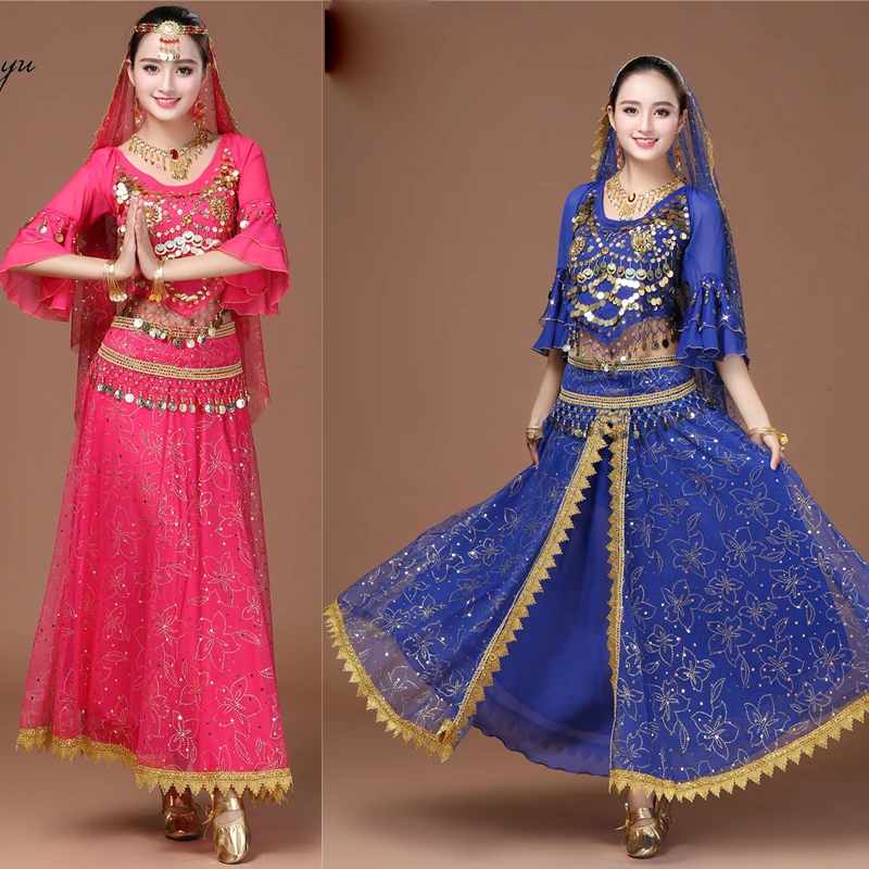 

Girls Sequins Belly Dance Costume Bollywood Costumes Indian dancing Dress Women Ballroom Stage wear Outfits Suit Tops pants Veil