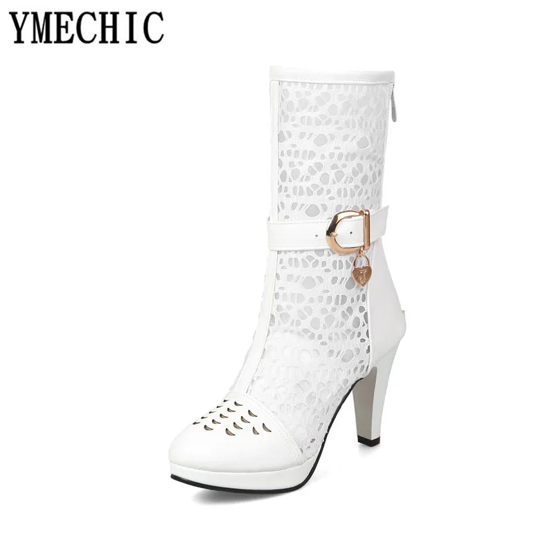 Женские сетчатые сапоги YMECHIC черные белые до середины икры на высоком каблуке