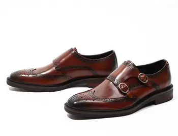 

Carved brogue shoes men slip on buckle strap genuine leather dress shoes handmade vintage smart casual height increasing shoes