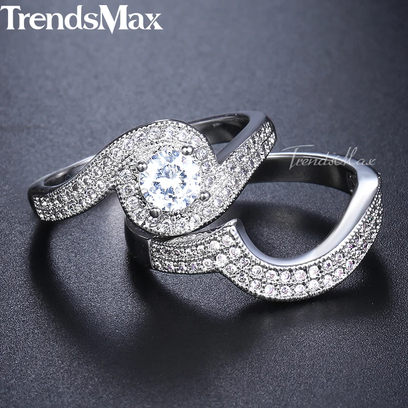 Trendsmax Paved Cubic Zirconia CZ Wedding Band Ring Set For Women White Gold Filled Fashion Jewelry KGR46