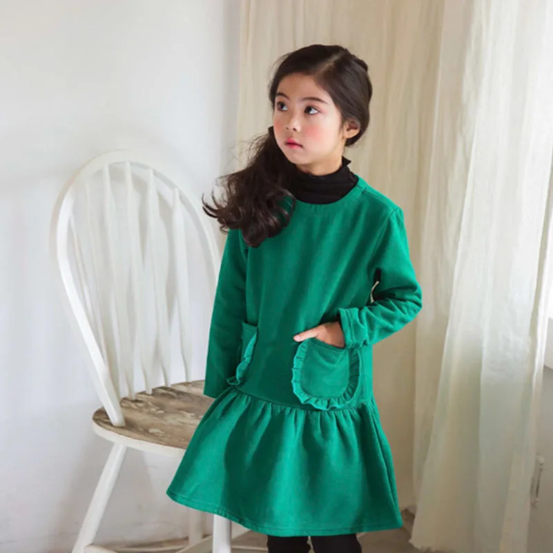 

fleece big girls winter dresses 2017 pockets children clothing autumn dresses princess girl thick long sleeve green tops