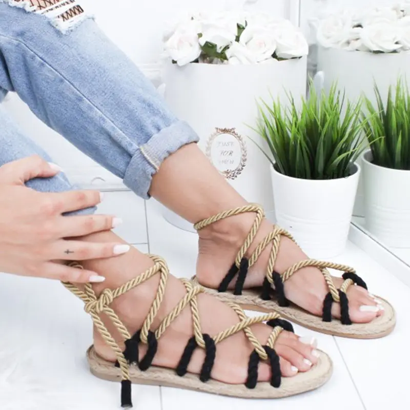 

Summer Women Sandals Lace Up Flat Sandals Lady Hemp Rope Patchwork Slippers Cross Tied Gladiator Sandalia Feminina 2019
