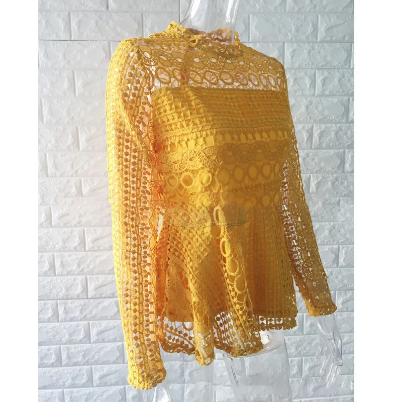 2019 الصيف أزياء البرية قميص الحلو هوك زهرة الجوف طويل الأكمام الدانتيل قميص عارضة ركاب أعلى holloware خارج قمم