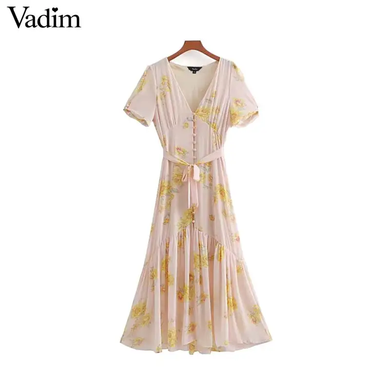

Vadim women floral print V neck maxi dress short sleeve bow tie sashes female summer beach dresses chic A line vestidos QC534