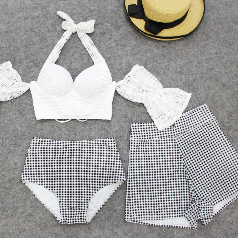 

Halter Neck Swimsuit 3 Pieces Bandage Swimwear Women Sexy Grid High Waist Bikini Push Up Padded Bathing Suits Maillot De Bain