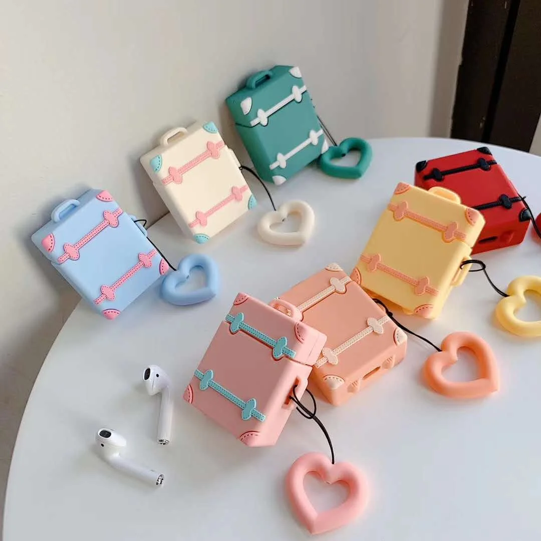

Retro Luxury luggage Suitcase Bluetooth wireless headset cover for Apple Airpods 2 Cute Love with Ring Band soft silicon coque