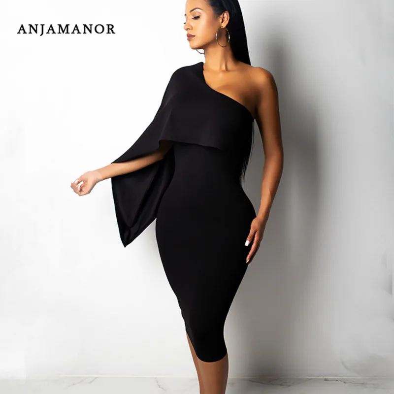 Женское платье на одно плечо ANJAMANOR черное облегающее средней длины с длинным