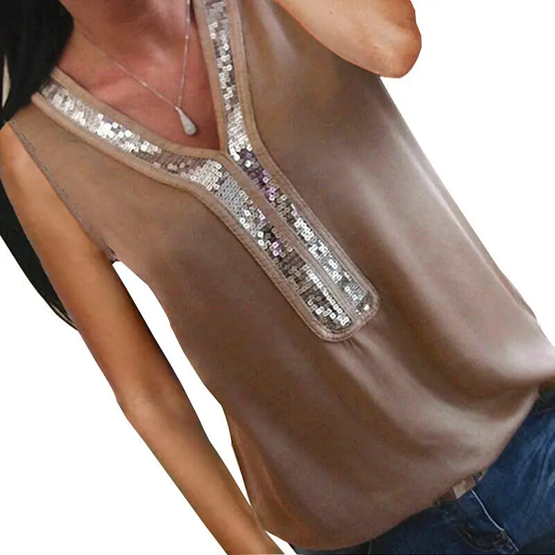 Женская шифоновая блузка с v-образным вырезом и пайетками, летняя блузка без рукавов, офисные женские блузки, топы больших размеров, S-2XL blusa feminina - Цвет: Хаки