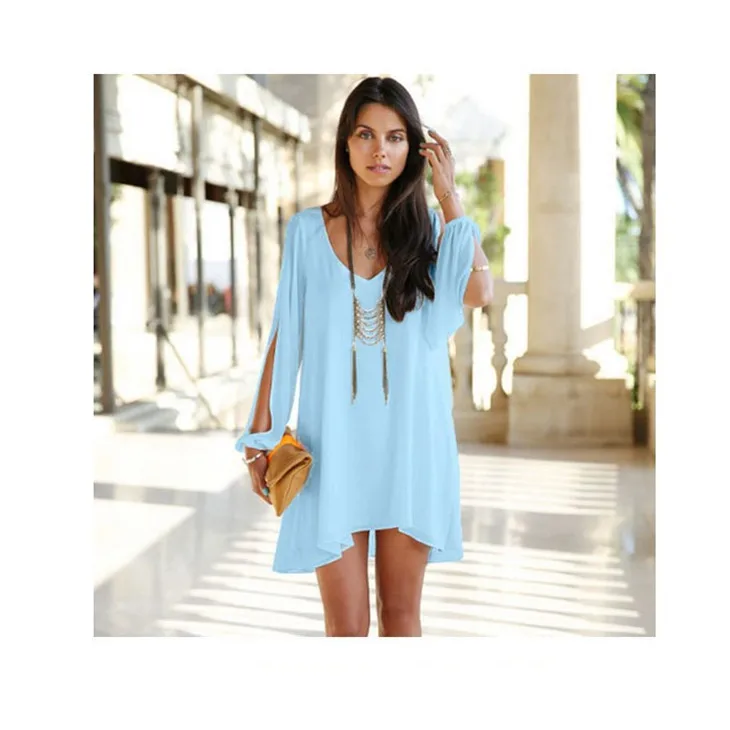 

2019 New Empire Summer Dress Solid Women Sexy V-Neck Split Long Sleeve Chiffon Mini Dresses Casual Asymmetrical Loose Dress