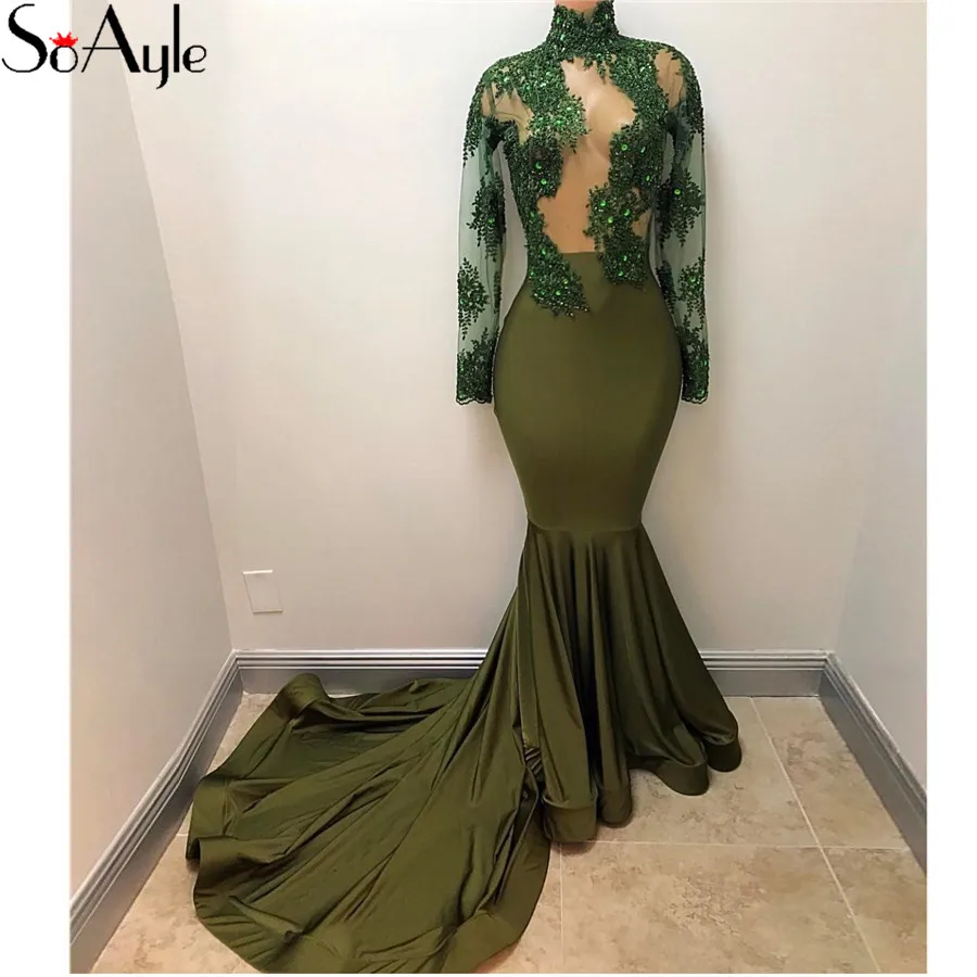 

SoAyle 2018 Mermaid Long Sleeves Evening Dresses Olive Green Long Formal Dresses Prom Lace Women's Engagement Dress Vestidos