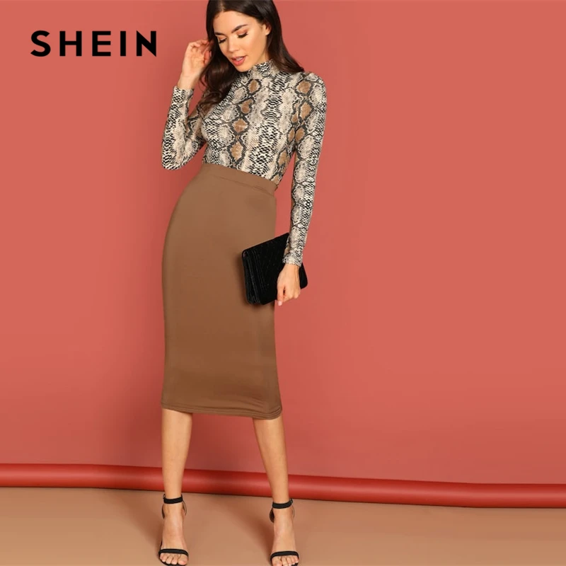 Buy SHEIN Brown Office Lady Solid Bodycon Mid Waist Long Length Pencil Plain