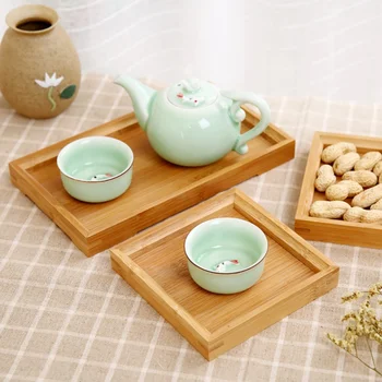 

Solid Bamboo Plate Kitchen Wooden Food Tea Tray Saucer Multi-functional Breakfast Coffee Holder Desktop Organizer with Holder