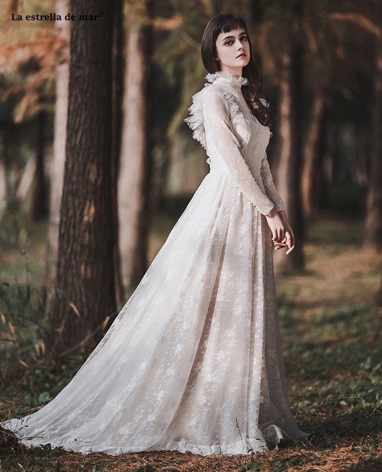 Abiti da sposa2019 Новое кружевное платье с высоким воротом и длинными рукавами трапециевидной формы цвета слоновой кости свадебное платье в стиле бохо со шлейфом brautkleid Ретро накидка de mariee