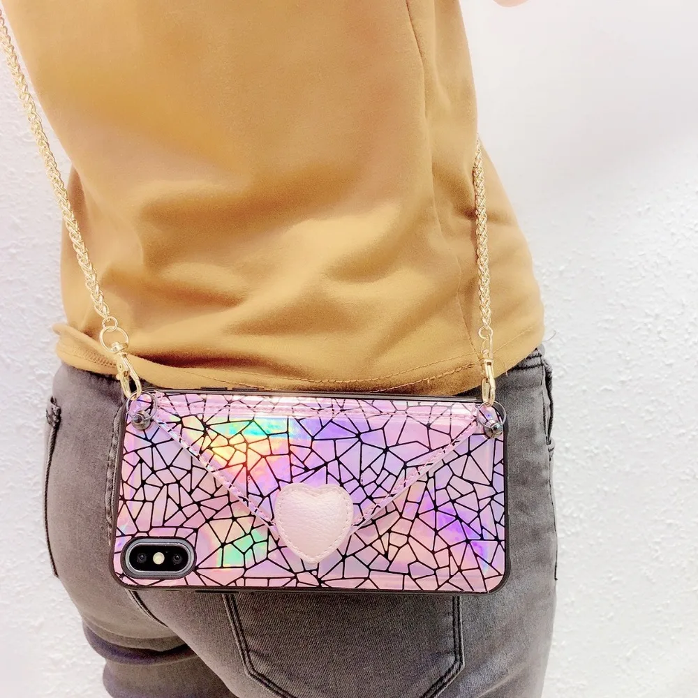 Cases For iPhone X Xr Xs Max Case Korean Laser Love Heart Flip Leather Stand Wallet Neck Strap Case For iPhone 7 8 6S Plus Cover (13)